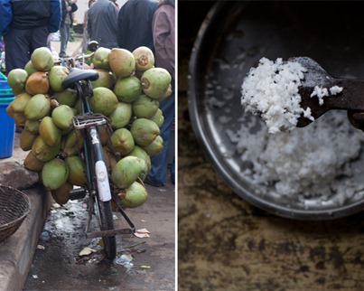 Bicycle with coconut tied on the back and shredded fresh coconut