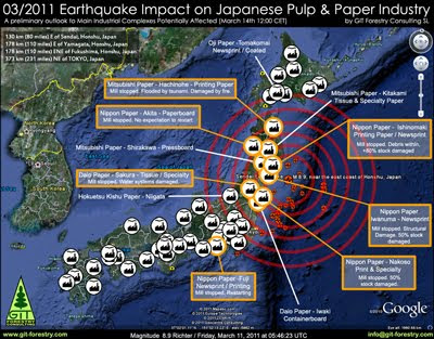 2011 Japan Earthquake Impact on Japanese Pulp and Paper Industry First Damage Report Map / Mapa de Impacto del Terremoto de Japon 2011 en la industria de pulpa celulosica y de papel del Japon / パルプ紙2011年の日本地震の影響の予備的な地図セルロース日本 / เยื่อแผ่นดินไหวญี่ปุ่นและแผนที่อุตสาหกรรมกระดาษ / Япония 2011 целлюлозно землетрясения и карта бумажной промышленности / Mapa de Impacto do Terramoto de Japão  2011, na industria do papel e celulose do Japão / Gustavo Iglesias Trabado, GIT Forestry Consulting SL, Consultoria y Servicios de Ingenieria Agroforestal, Lugo, Galicia, España, Spain / Eucalyptologics, Information resources on sustainable eucalypt cultivation worldwide / Recursos de informacion sobre el cultivo sostenible del eucalipto en el mundo