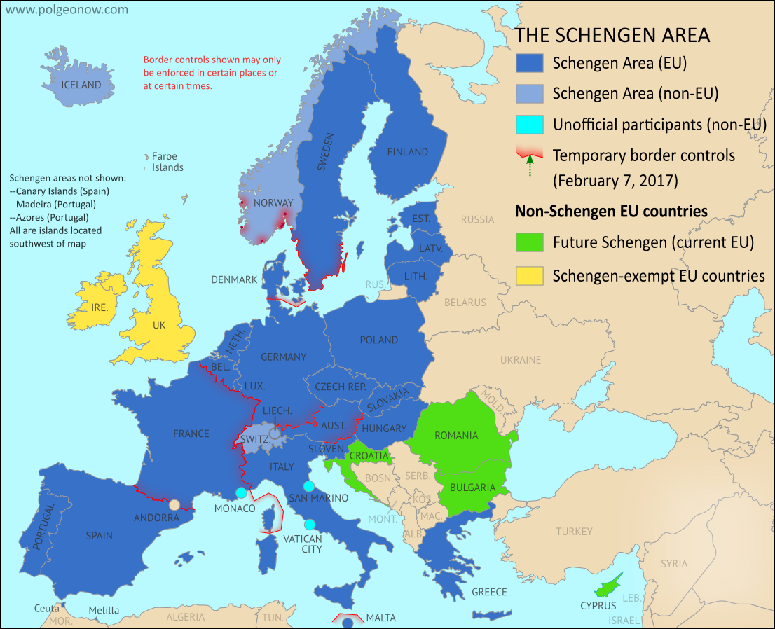 schengen map in visa countries 2017: Border Free February Map in of Schengen Controls