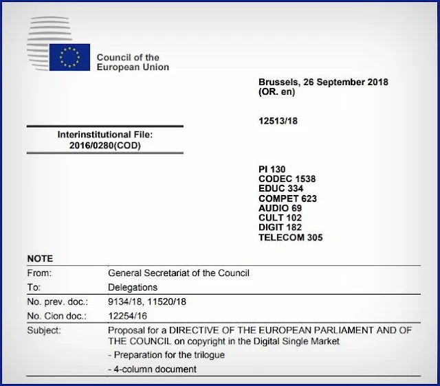 To download the Proposal for a DIRECTIVE OF THE EUROPEAN PARLIAMENT AND OF THE COUNCIL on copyright in the Digital Single Market (Preparation for the trilogue/4-column document) - "Click Here"