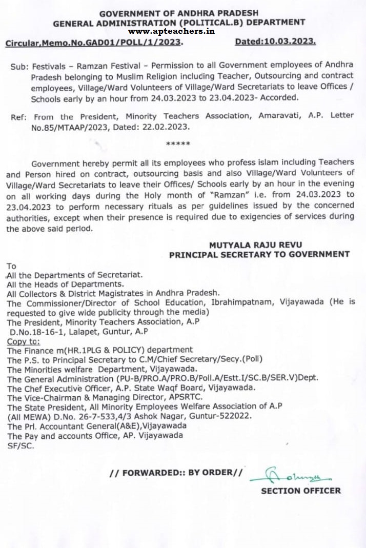 Ramzan Permission to Muslim Employees 2023 from 24.3.2023 to 23.4.2023