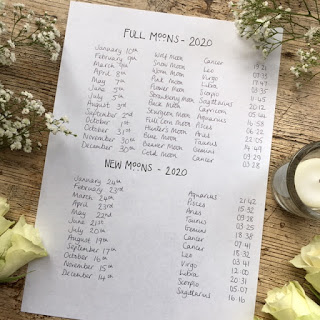 List of full moons and new moons for 2020 surrounded by white flowers