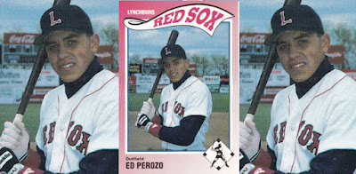 Ed Perozo 1990 Lynchburg Red Sox card; Perozo up close holding bat