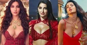 nora fatehi cleavage red saree dress busty bollywood