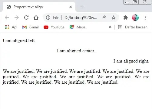 menggunakan properti text-align di css untuk teks
