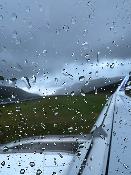 rainy flight out of Faroe Islands
