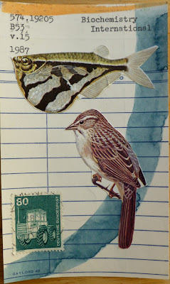 fish bird sparrow german postage stamp tractor library card Fluxus Dada mail art collage