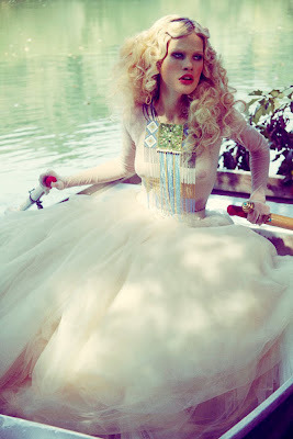 romantic fashion shoot, woman in tulle gown, woman rowing boat, top fashion photographer nyc