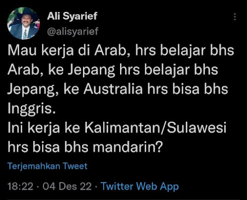 Ali Syarief menanggapi pernyataan Menko Luhut Binsar Panjaitan soal Ali Syarief: Mau kerja di Arab, harus belajar bahasa Arab, ke Jepang harus belajar bahasa Jepang, kerja di Indonesia bahasa mandarin?