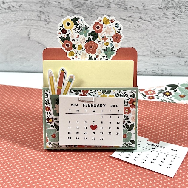 Sticky Note Calendar Box with a heart, flowers, and a pencil cup