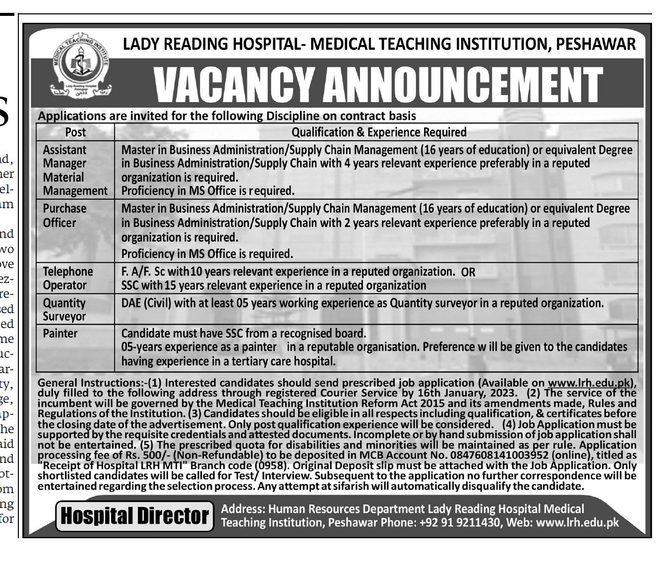 LRH Medical Teaching Institution MTI Peshawar Jobs 2023 | Pak jobs