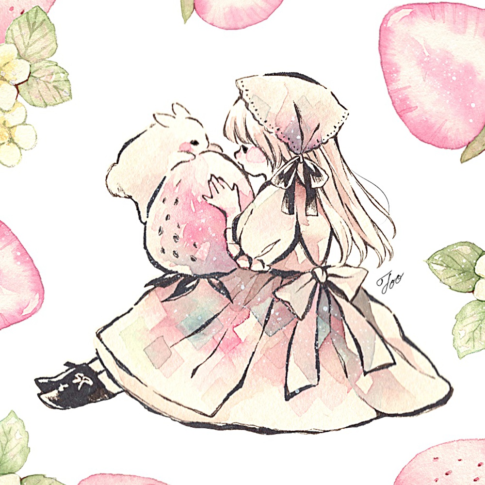 オリジナルイラスト｜女の子とピンクの苺とうさぎのかわいい絵