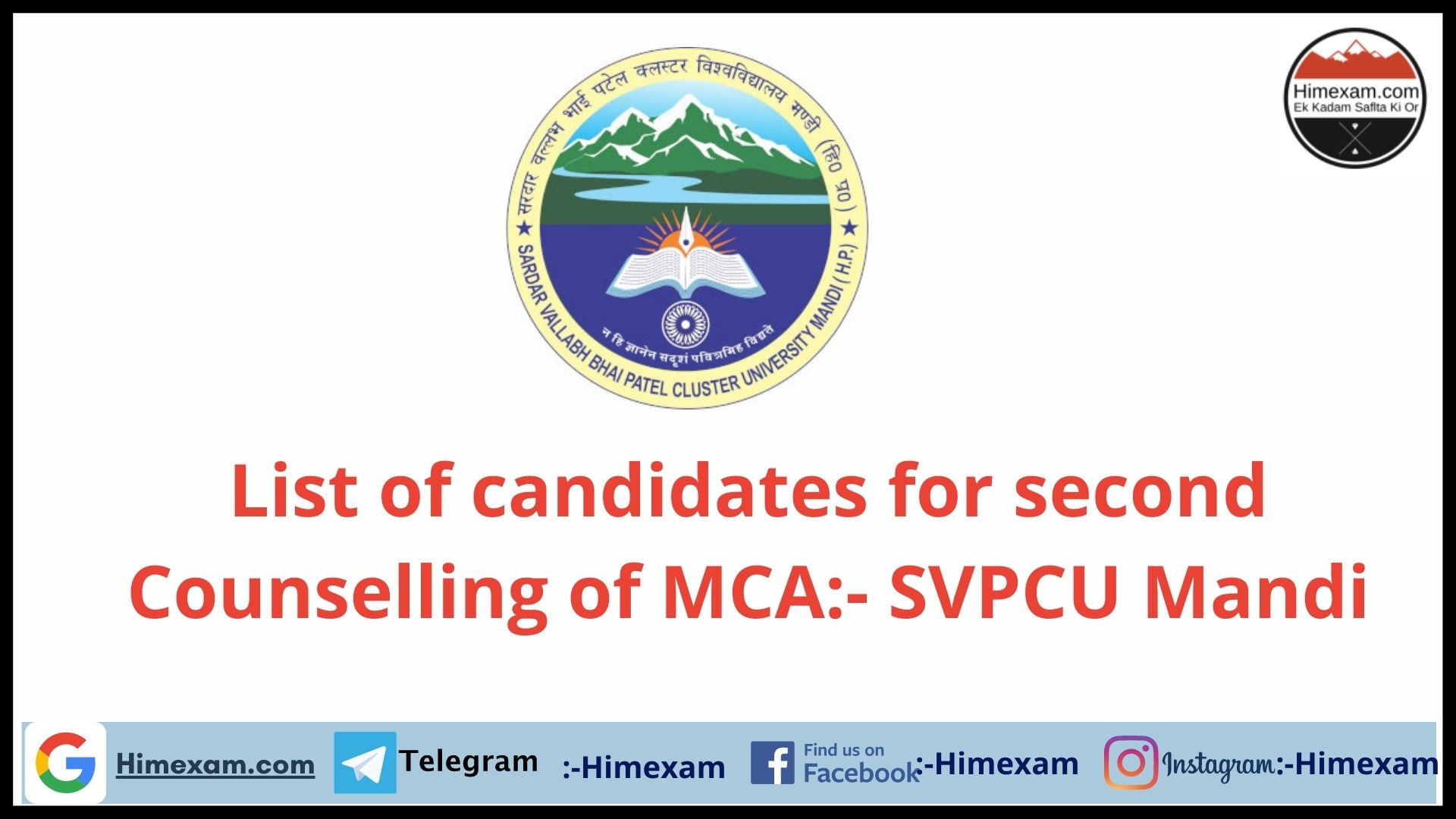 List of candidates for second Counselling of MCA:- SVPCU Mandi