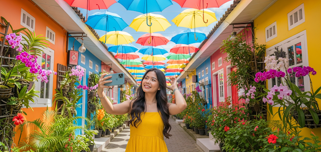 Seorang wisatawan sedang berfoto di salah satu tempat wisata Instagramable di Malang yang penuh dengan warna-warni cat dan hiasan payung.