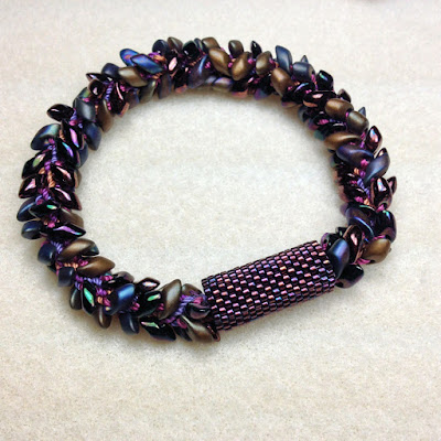 Peyote Stitch Tubular Sleeve for Kumihimo Bracelet with Long Magatamas & C-Lon Tex 400 Bead Cord