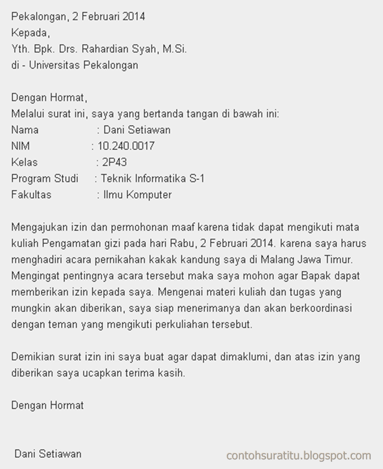 Contoh surat izin cuti kerja contoh surat izin tidak masuk kuliah Contoh Surat Izin Tidak Masuk Kuliah Dari Perusahaan