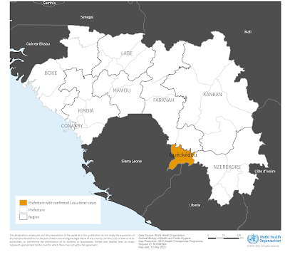 Figura 1. Distribuição dos casos confirmados (n=2) de febre de Lassa notificados na Guiné em abril de 2022