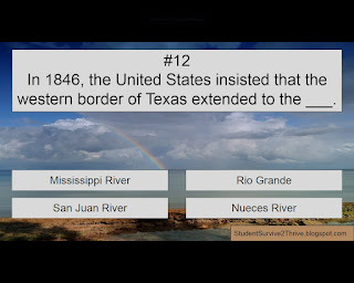 In 1846, the United States insisted that the western border of Texas extended to the ___. Answer choices include: Mississippi River, Rio Grande, San Juan River, Nueces River