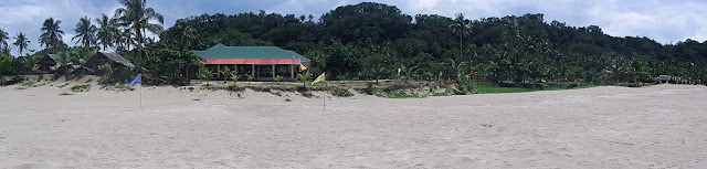 panoramic view from the sea of the white sandy beach and the pavilion at UEP White Beach Resort in University of Eastern Philippines (UEP) in Catarman Northern Samar