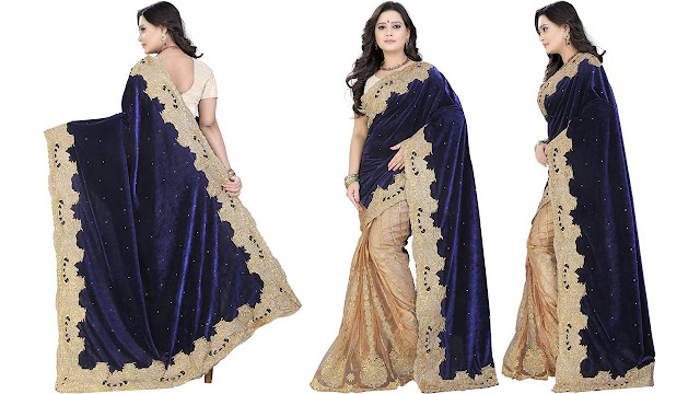 Kataria Fashion Embroidered Fashion Velvet, Net Saree  (Beige, Blue)