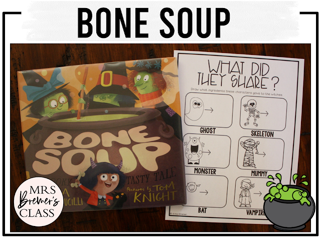 Bone Soup book activities unit with literacy companion printables, reading comprehension worksheets, lesson ideas, and a craft for Halloween in Kindergarten and First Grade