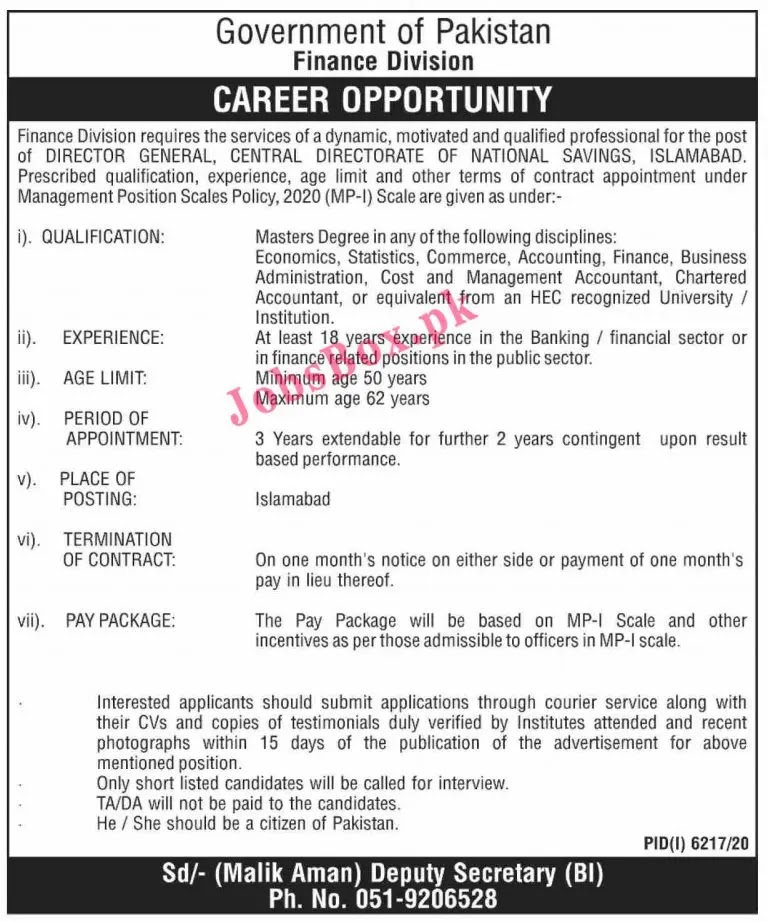 Finance Division Government of Pakistan Jobs 2021