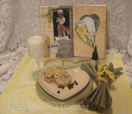 Mixed Media, Altered Art, milk and cookies, Valentine's Day, Daffodil painting, tablescape, Cindy Rippe