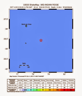 Epicentro sismo Isla Amsterdam en el oceáno Indico, 05 de Octubre 2013