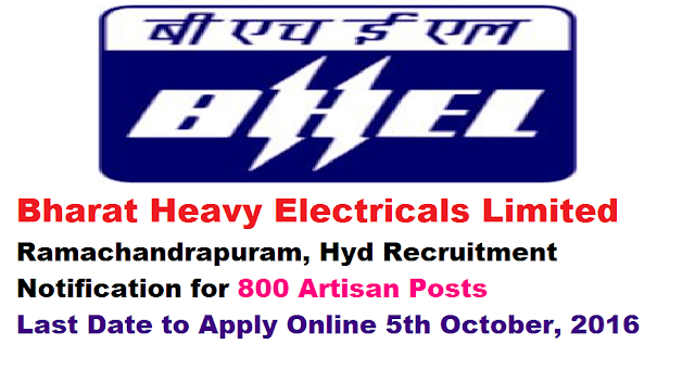 Bhel Recruitment . Bharat Heavy Electricals Limited (BHEL), Ramachandrapuram, Hyderabad released employment news and invited online applications through careers.bhel.in.As per the notification BHEL – Hyderabad is going recruit 800 Artisan Posts in Heavy Power Equipment Plant located in Ramachandrapuram, HYD. The last date to apply online for these posts is 5th October, 2016/2017-2016./2016/08/bhel-recruitment-bharat-heavy-electricals-limited-2016-online-application-for-800-artisan-.html