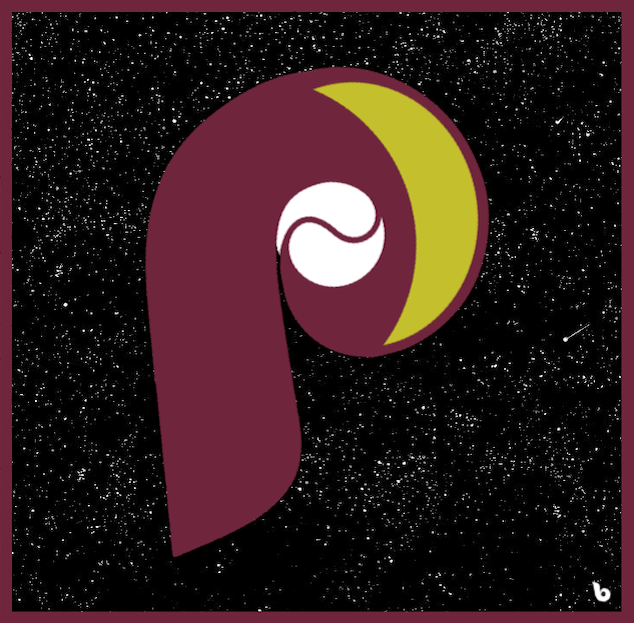 classic Phillies 'P' modified with crescent moon inside against starry night background