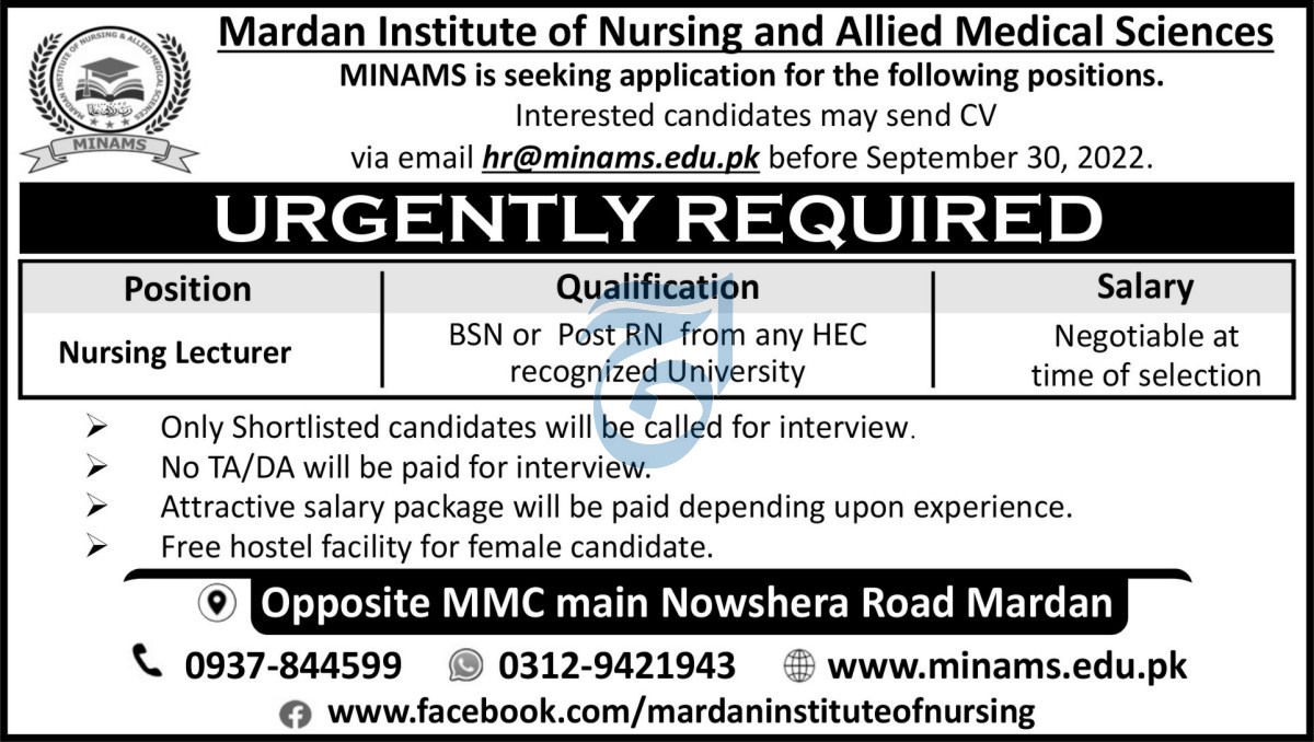 Latest Mardan Institute of Nursing & Allied Medical Sciences Medical Posts Mardan 2022