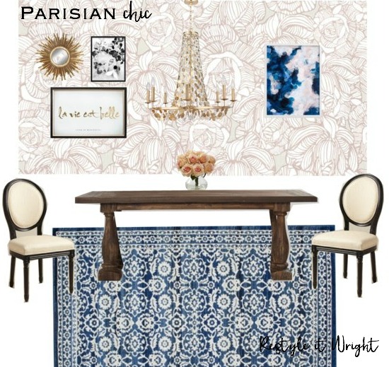 dining room mood board with atg stores wallpaper, world market chairs and dining table, minted art, and gold dot and boe mirror, and lamps plus chandelier