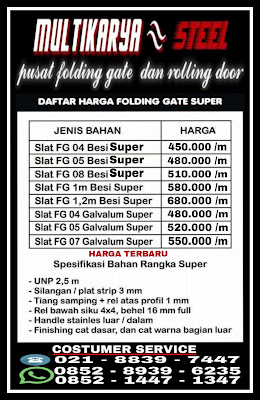 Gambar untuk Pusat Informasi Tentang Daftar Harga Bengkel murah Jual Per meter Persegi2 pintu folding gate slat daun bahan besi aluminium dan galvalum anti karat pintu harmonika dan rolling door harga murah untuk wilayah Jakarta, jakarta barat, jakarta timur, jakarta selatan, jakarta utara, jakarta pusat, grogol, tanjung priok, tanah abang, senen, pancoran, slipi, pademangan, semper dan wilayah indonesia lainnya