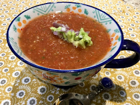 Gazpacho topped with avocado