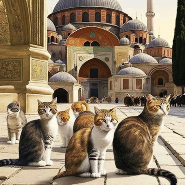 A group of cats lounging in the gardens of the Hagia Sophia in Istanbul, Turkey.