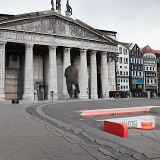 Ein Gebäude, das an den Berliner Reichstag erinnert, davor rundliche Bänke wie aus Plastik geformt und eine fiktive Stadt mit Fachwerkhäusern