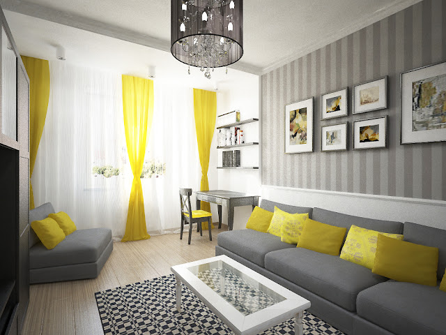 contemporary grey and yellow living room