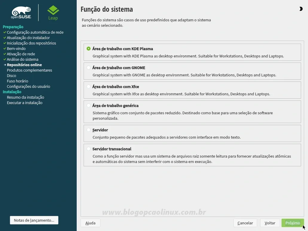 Selecione o ambiente de desktop que queira utilizar no openSUSE Leap