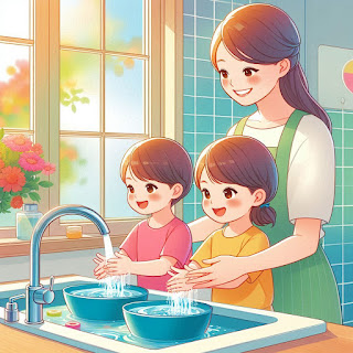 Children wash their hands joyfully with soap and water as their parent encourages them, in a bright and playful bathroom.