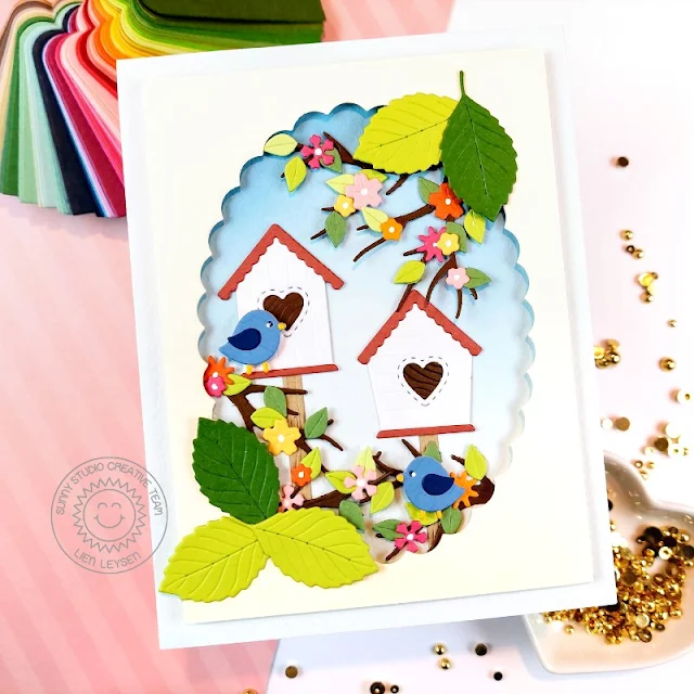 Sunny Studio Stamps Blog: Build-A-Birdhouse Metal Cutting Dies Scalloped Oval Spring Birds & Tree Branch Card by Lien Leysen