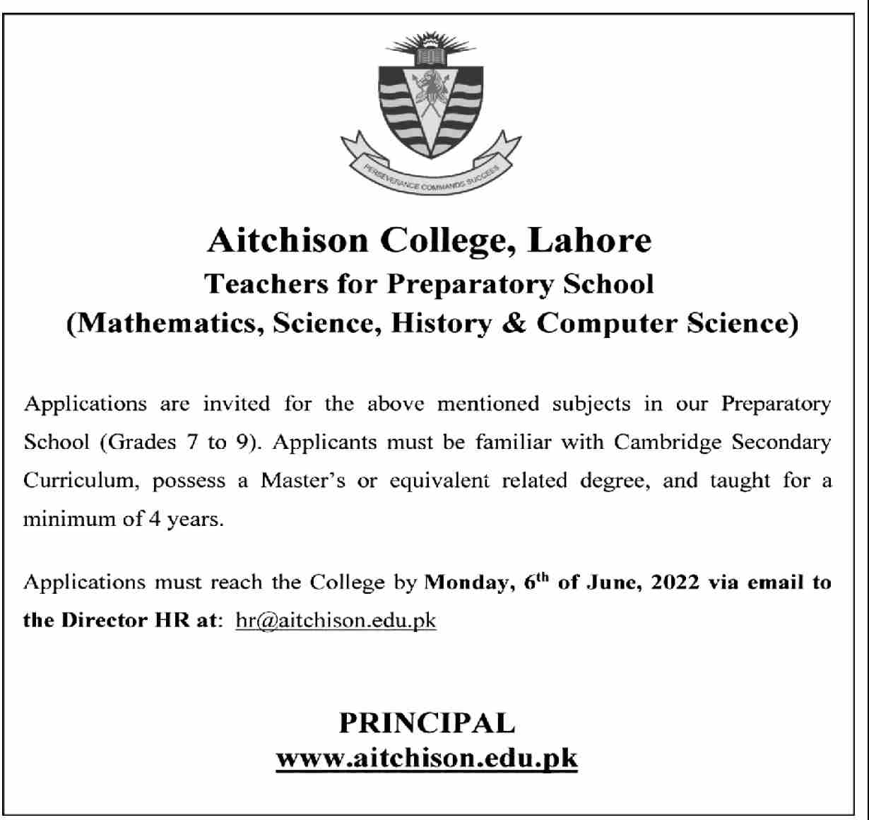 Latest Aitchison College Teaching Posts Lahore 2022