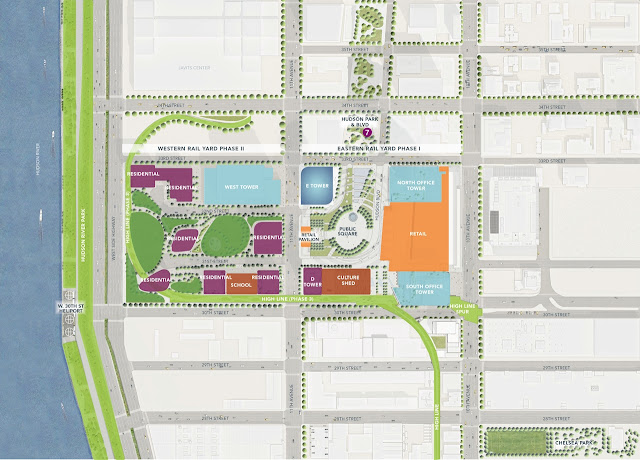 Hudson Yards site plan showing residential, office, commercial and cultural buildings