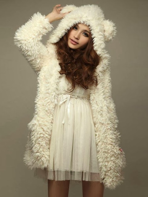 Cute Beige Bear Pattern Cotton Women's Coat