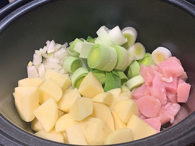 Chicken and Leek Soup ingredients in a Slow Cooker 