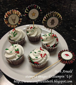 Craft with Beth: Iconic Christmas Cupcake Decorations Rosette Rosettes cupcake topper Stampin Up Christmas Christmas Tree gingerbread reindeer Christmas Around the World Designer Series Paper