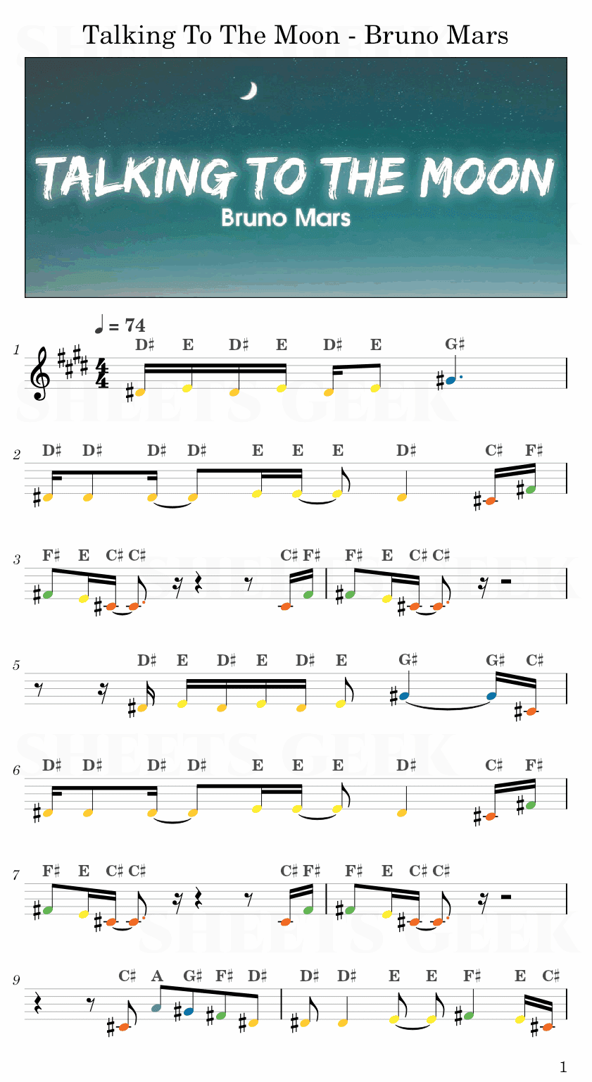 Talking To The Moon - Bruno Mars Easy Sheet Music Free for piano, keyboard, flute, violin, sax, cello page 1