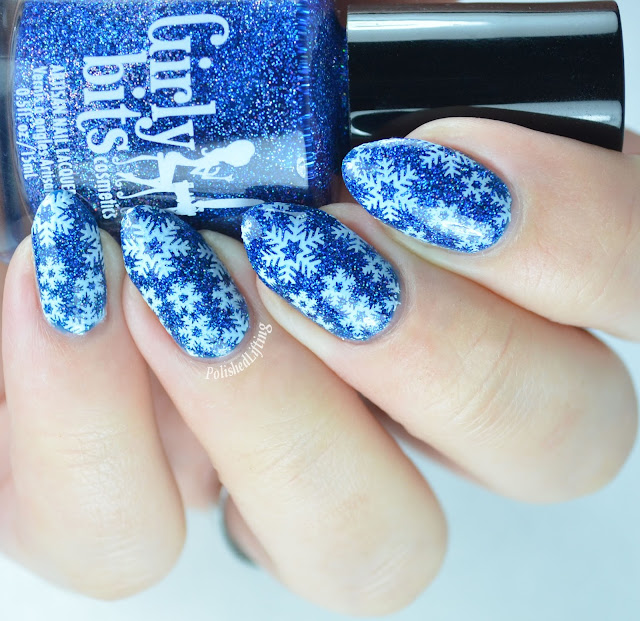 Girly Bits Blue Ribbon Cankles Sinful Colors Snow Me White snowflake stamping nail art