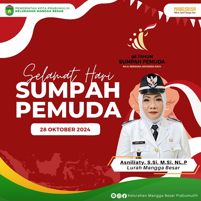 Lurah Mangga Besar Asniliaty, S.Si, M.Si, NL. P Mengucapkan Selamat Hari Sumpah Pemuda 28 Oktober 2024