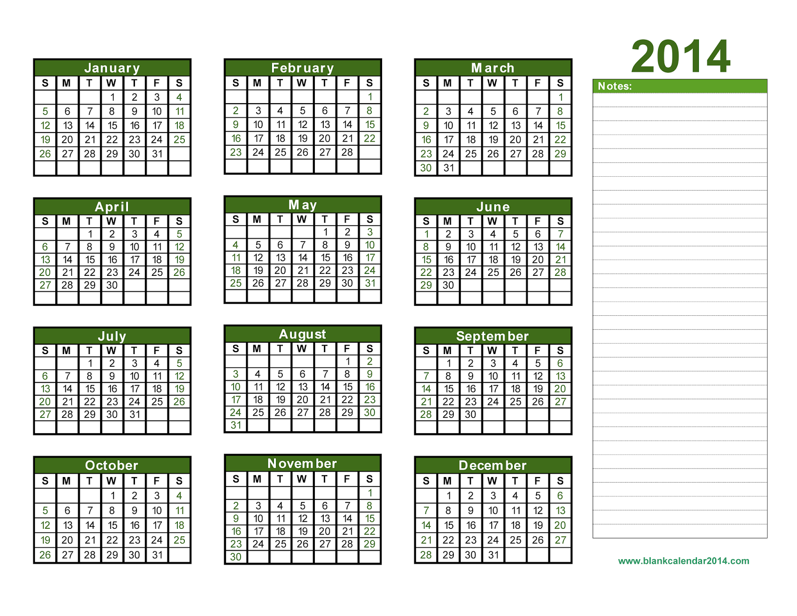 Yearly Calendar 2014 Printable Calendar 2014 Blank