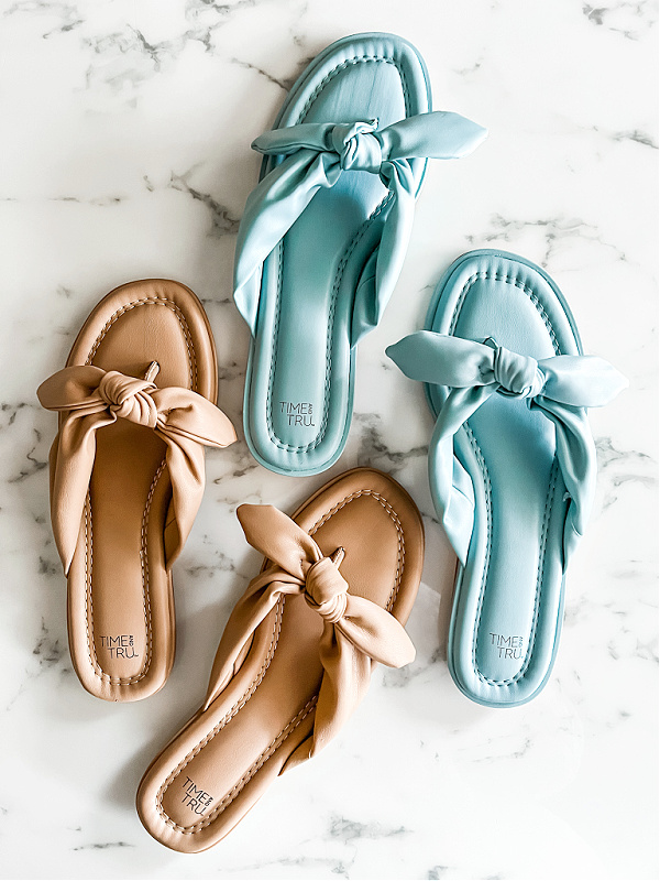Tan and Light Blue Padded Bow Flip Flop Thong Sandals